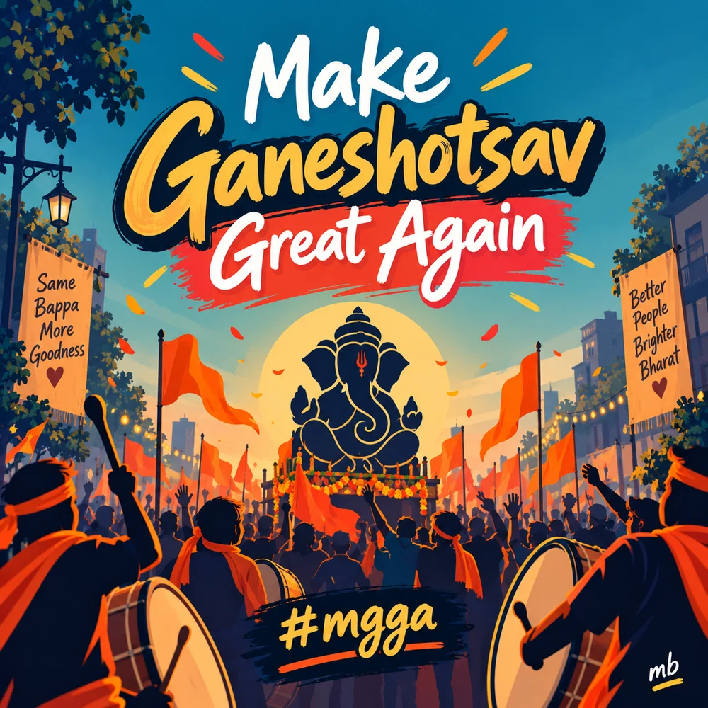 गणपतीची मिरवणूक, ढोलवादक आणि भगवे ध्वज; Make Ganeshotsav Great Again शीर्षक आणि mb स्वाक्षरी असलेले मूळ चित्र.